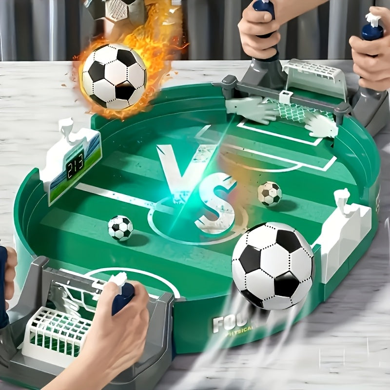 Green plastic dual player tabletop soccer board game with mini footballs for kids and family. — view 3