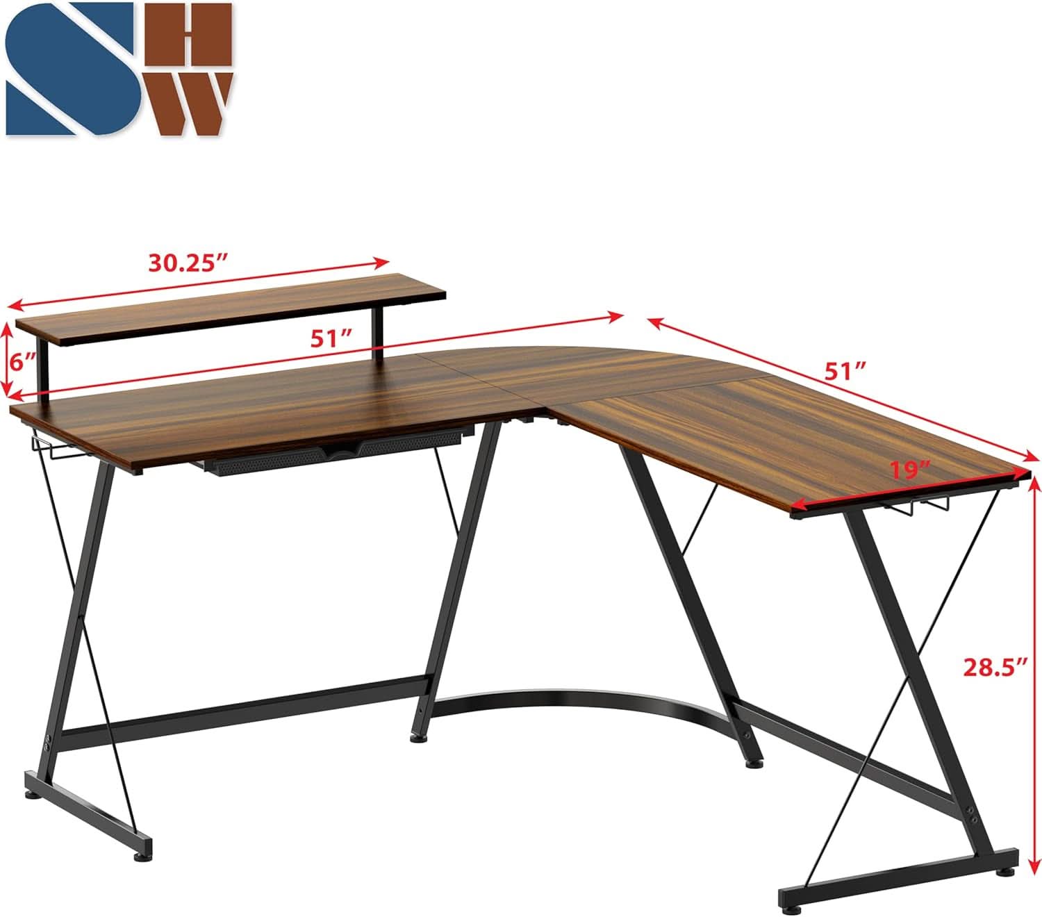 Vista L-shaped corner computer desk in walnut finish with removable monitor stand and steel frame — view 3