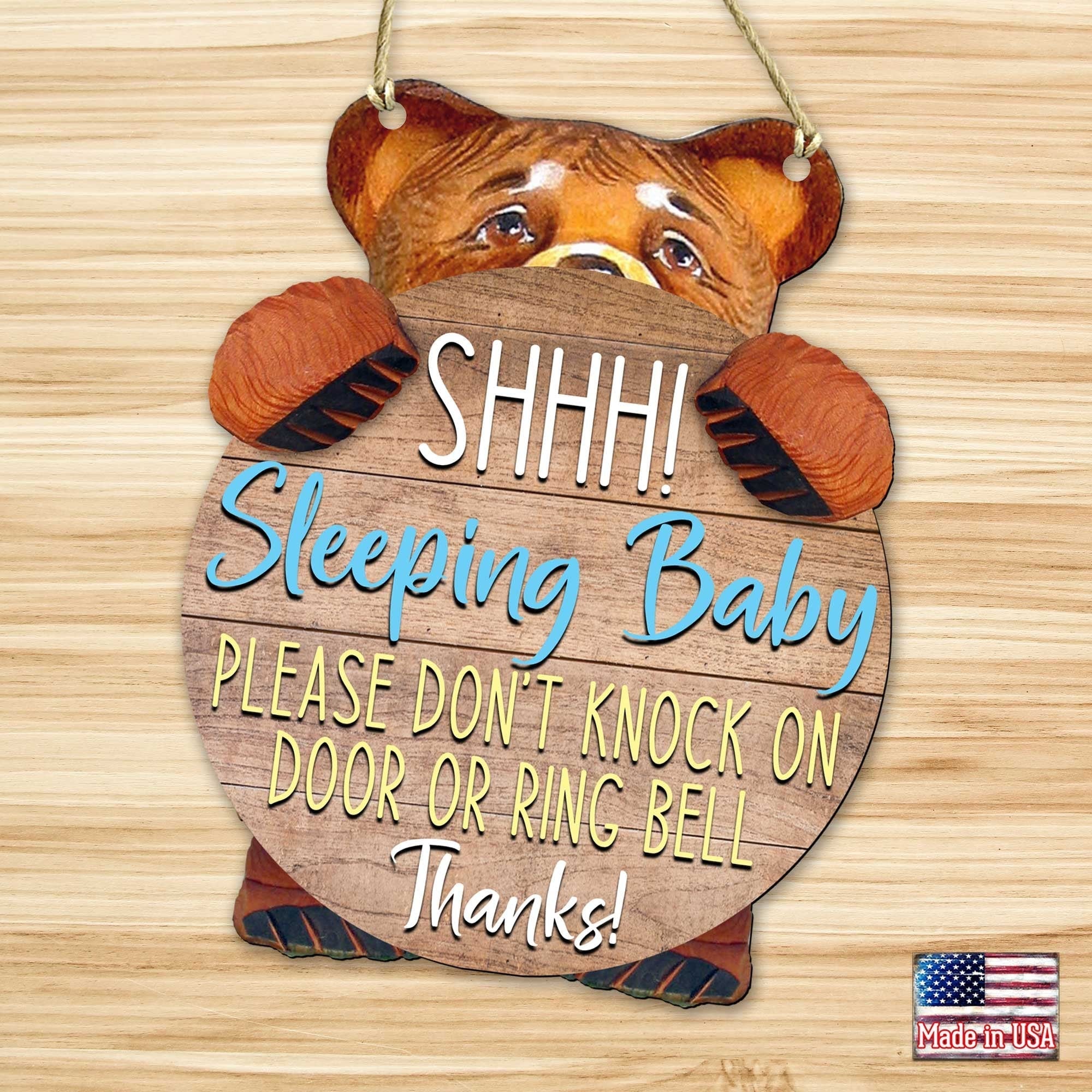 Handcrafted baby sleeping do not knock sign with attached hanging rope for front door decor