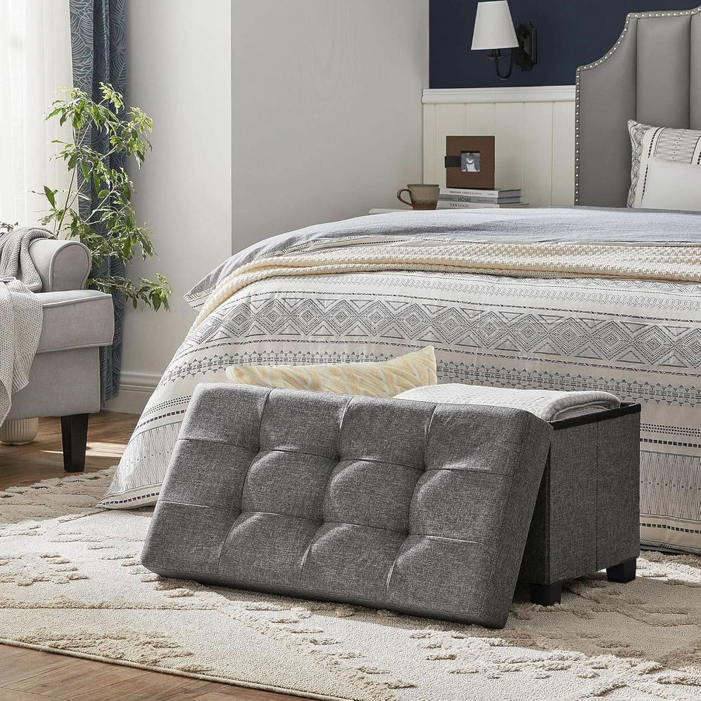 Slate gray storage ottoman bench in linen-look fabric with open lid showing hidden storage — view 2