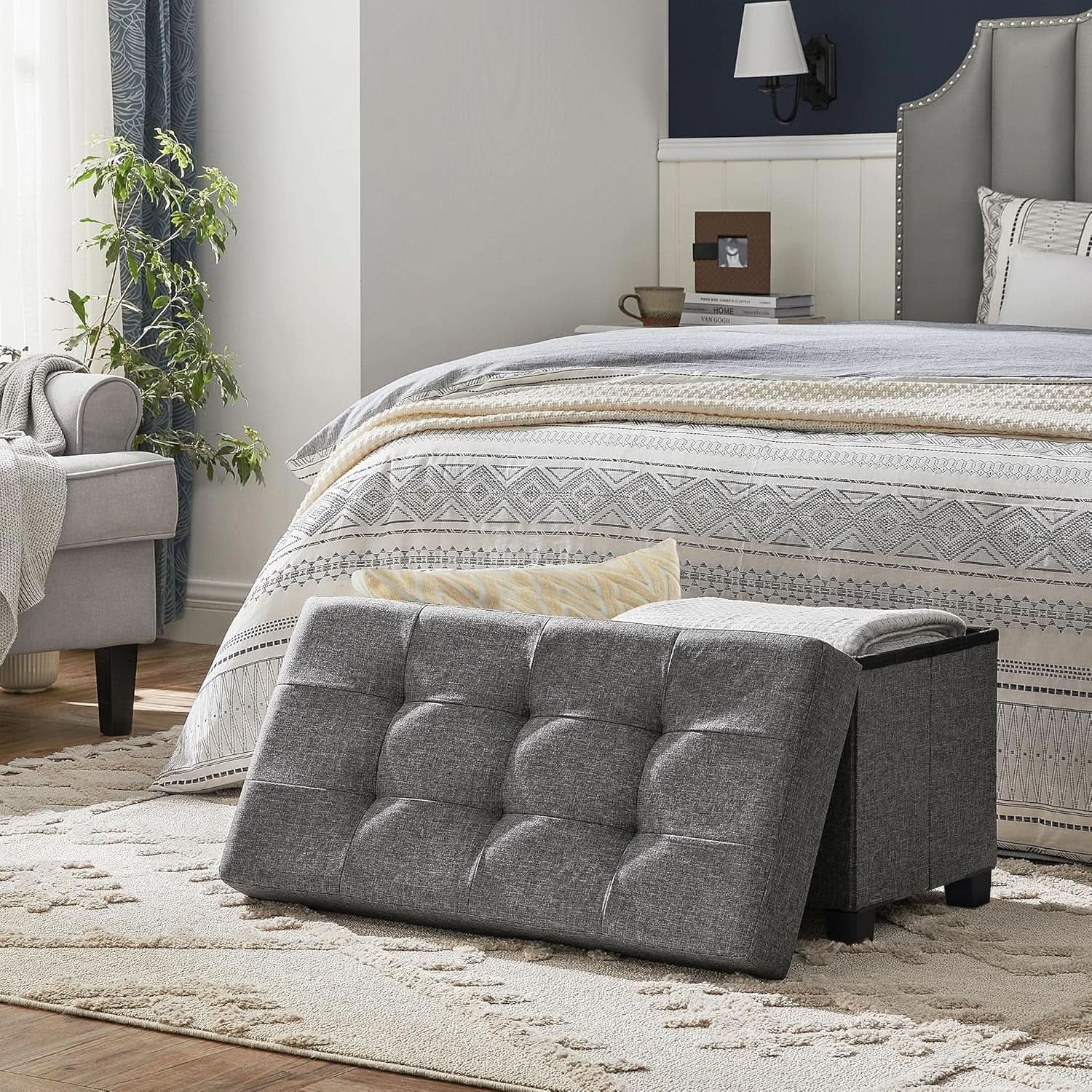 Slate gray storage ottoman bench in linen-look fabric with open lid showing hidden storage — view 2