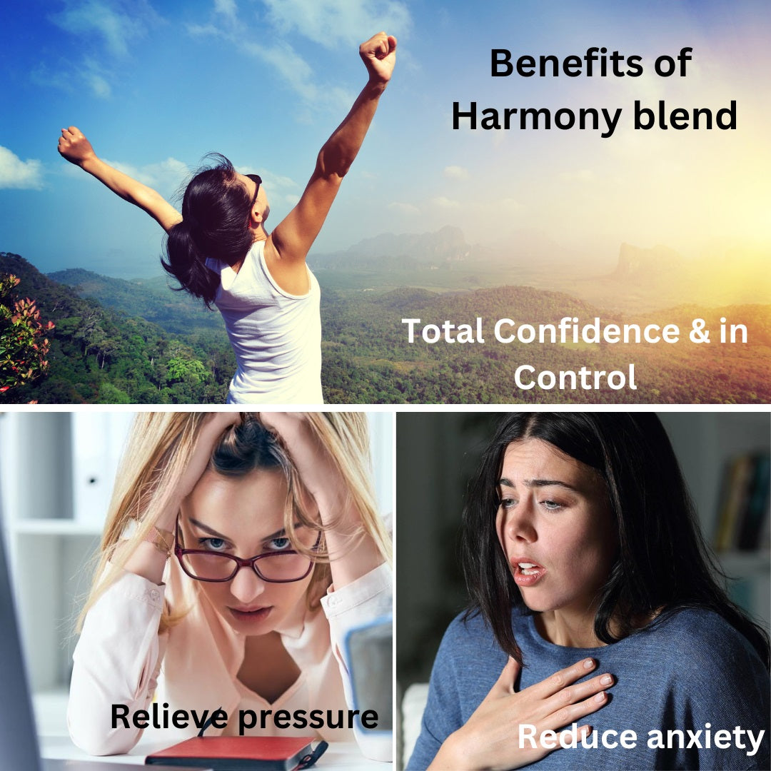 Harmony essential oil blend in a 10ml amber glass bottle for calming and grounding aromatherapy — view 3