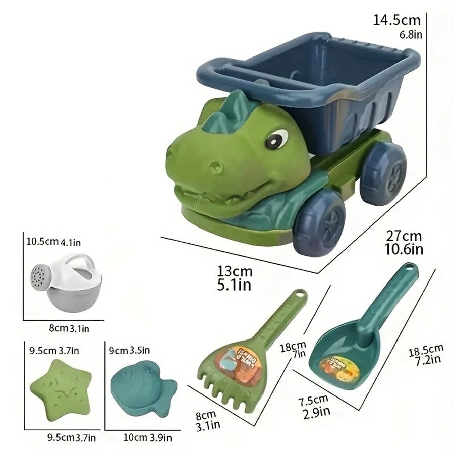 Dinosaur sand car beach toy set with shovel, rake, watering can, and colorful sea creature molds — view 3