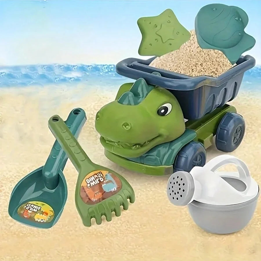 Dinosaur sand car beach toy set with shovel, rake, watering can, and colorful sea creature molds — view 4