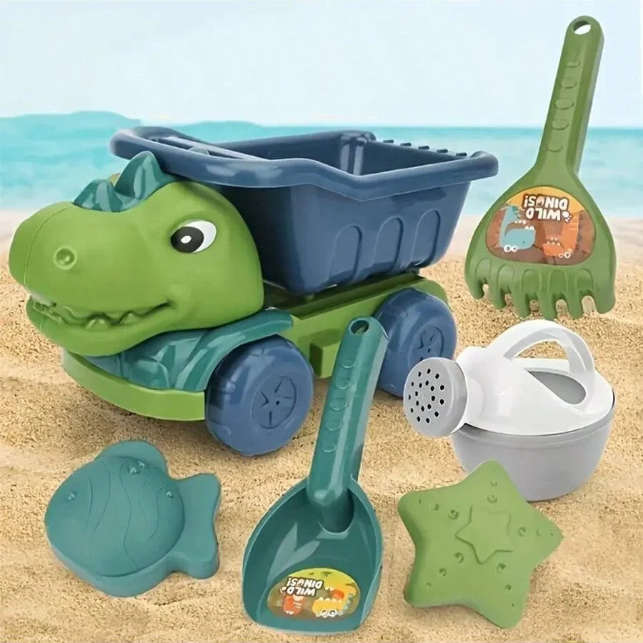 Dinosaur sand car beach toy set with shovel, rake, watering can, and colorful sea creature molds — view 2