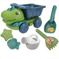 Dinosaur sand car beach toy set with shovel, rake, watering can, and sea creature molds