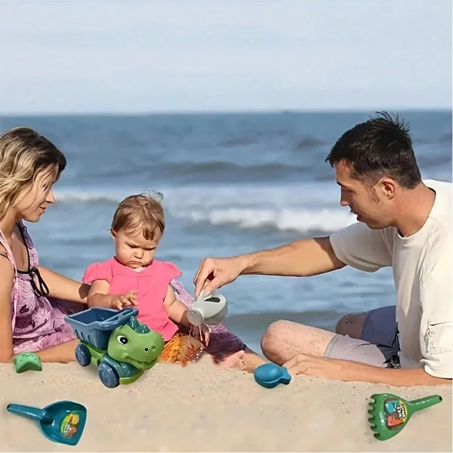 Dinosaur sand car beach toy set with shovel, rake, watering can, and sea creature molds — view 5
