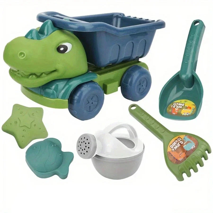 Dinosaur sand car beach toy set with shovel, rake, watering can, and colorful sea creature molds