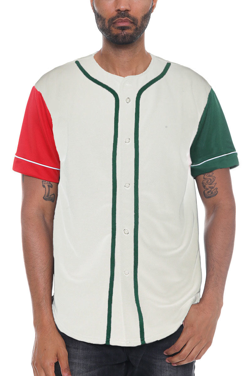 Corazon color block baseball jersey in green red and black with white contrast sleeve stripes — view 2
