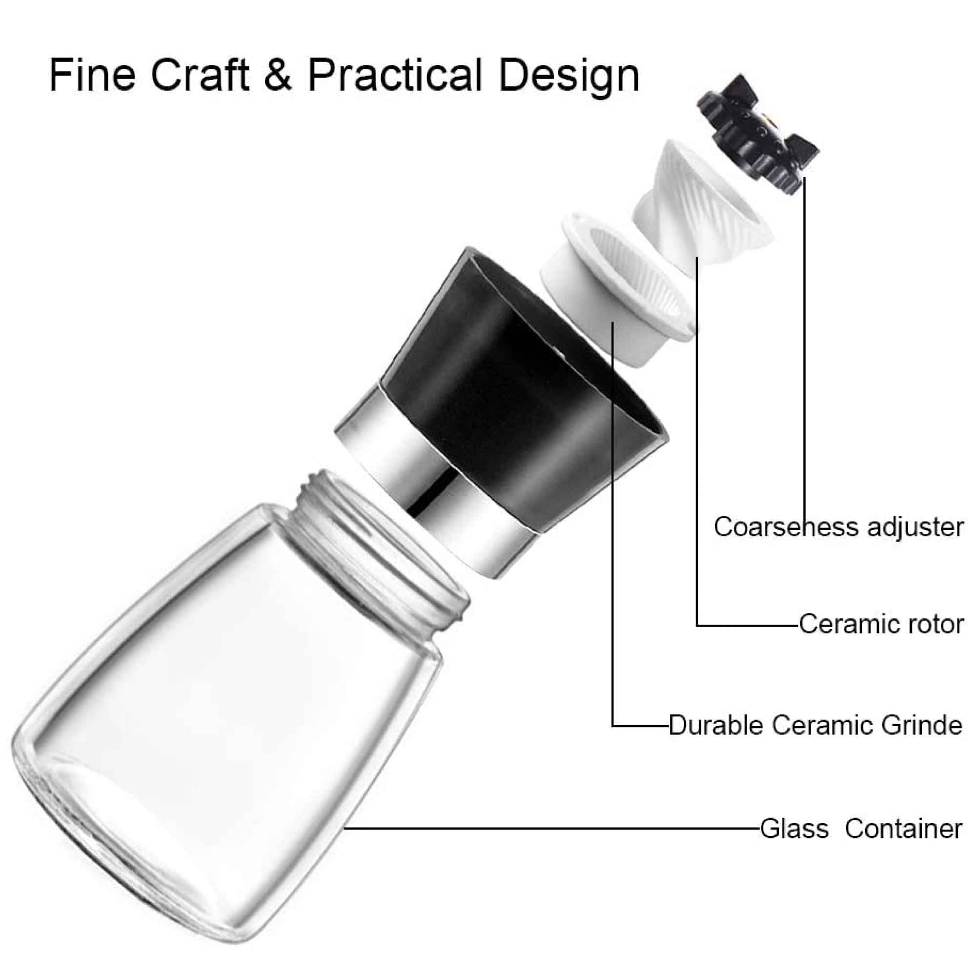 Short 150ml glass salt and pepper grinder with black acrylic wrap and ceramic grinding core — view 2