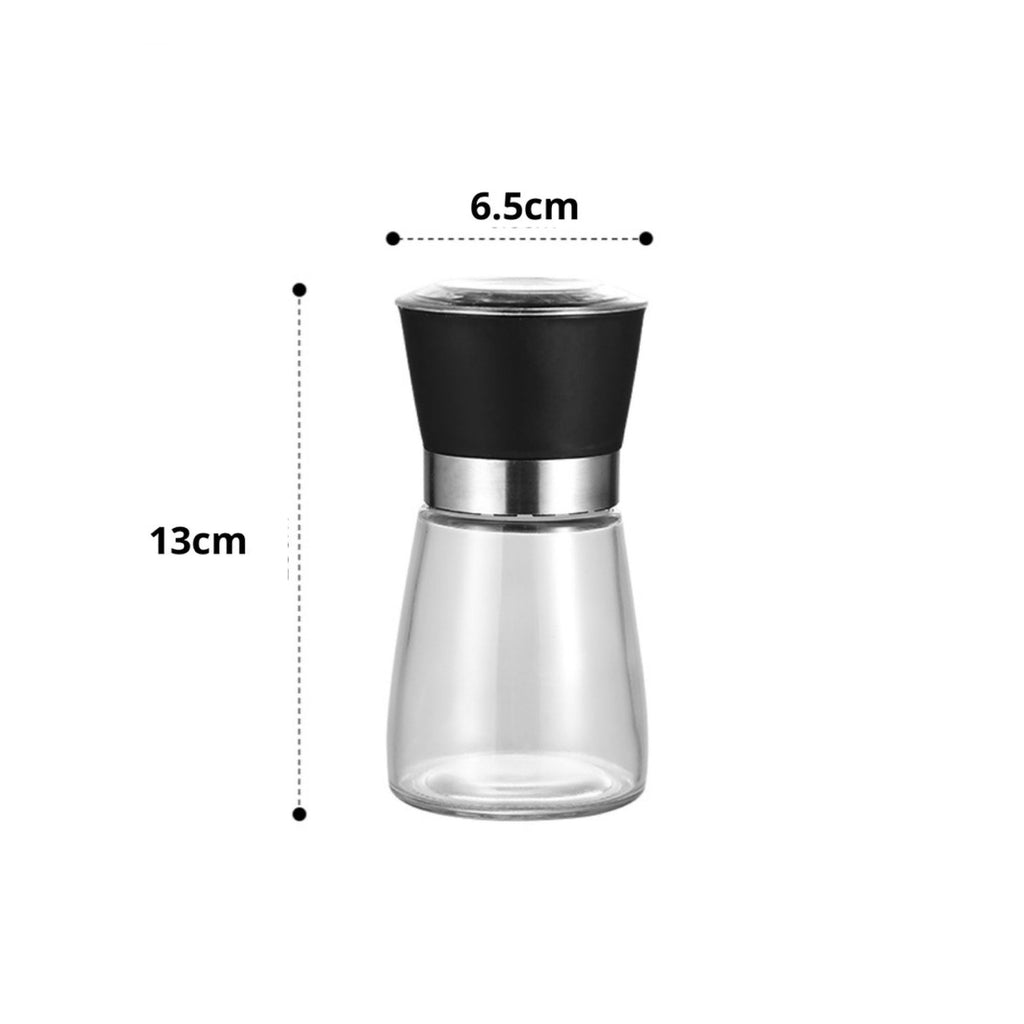 Short 150ml glass salt and pepper grinder with black acrylic wrap and ceramic grinding core — view 3