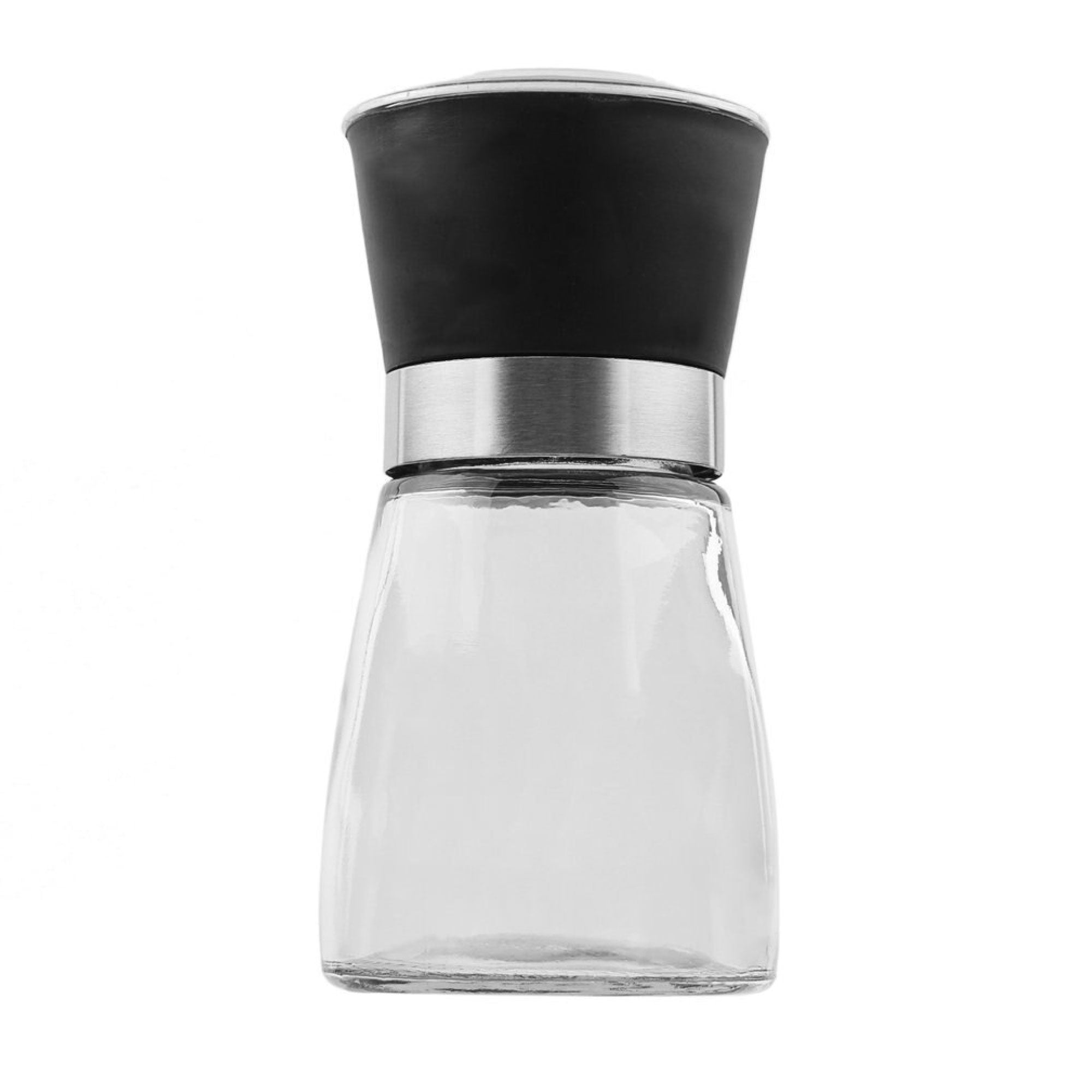 Short 150ml glass salt and pepper grinder with black acrylic wrap and ceramic grinding core