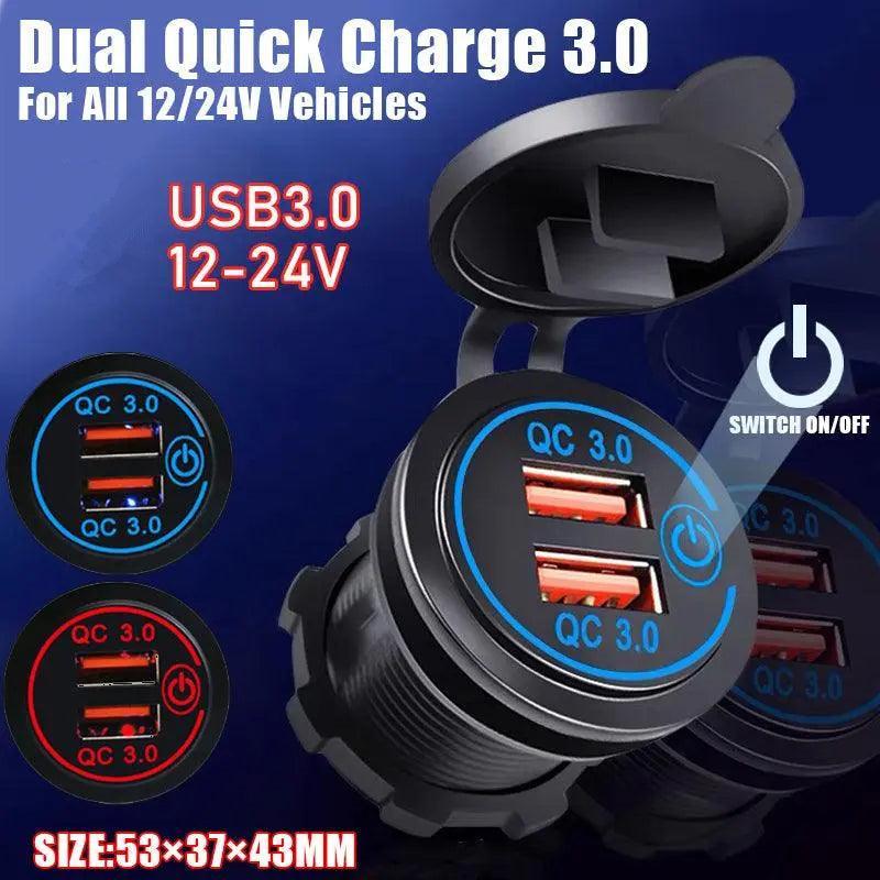 Black dual USB car charger with QC 3.0 fast charging capabilities and dust-proof cap.