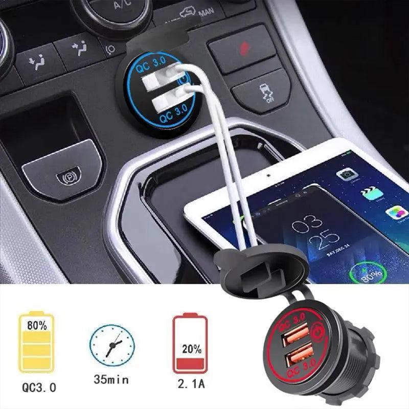 Black dual USB car charger with QC 3.0 fast charging capabilities and dust-proof cap. — view 4