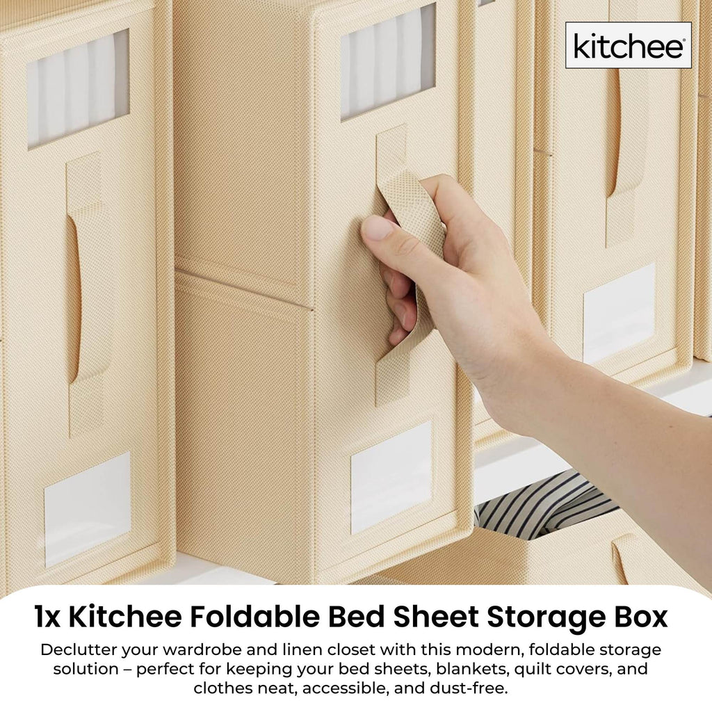 Beige foldable bed sheet storage box with clear viewing window handle and zipper closure — view 2