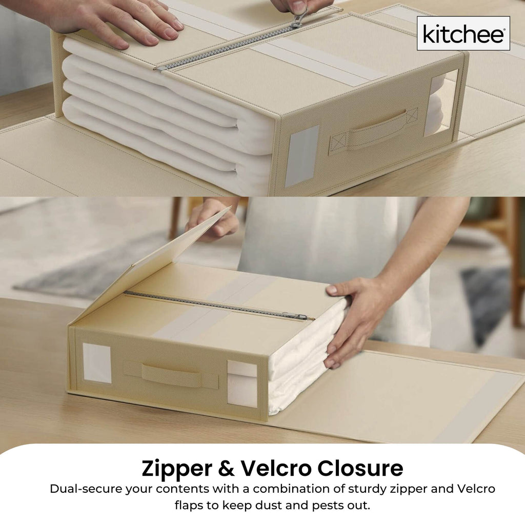 Beige foldable bed sheet storage box with clear viewing window handle and zipper closure — view 3