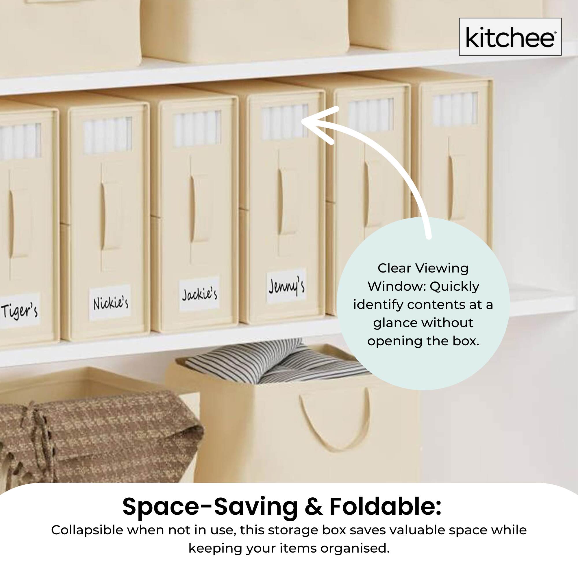Beige foldable bed sheet storage box with clear viewing window handle and zipper closure — view 4
