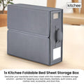 Grey foldable bed sheet storage box with clear viewing window and pull out handle for organization — view 2