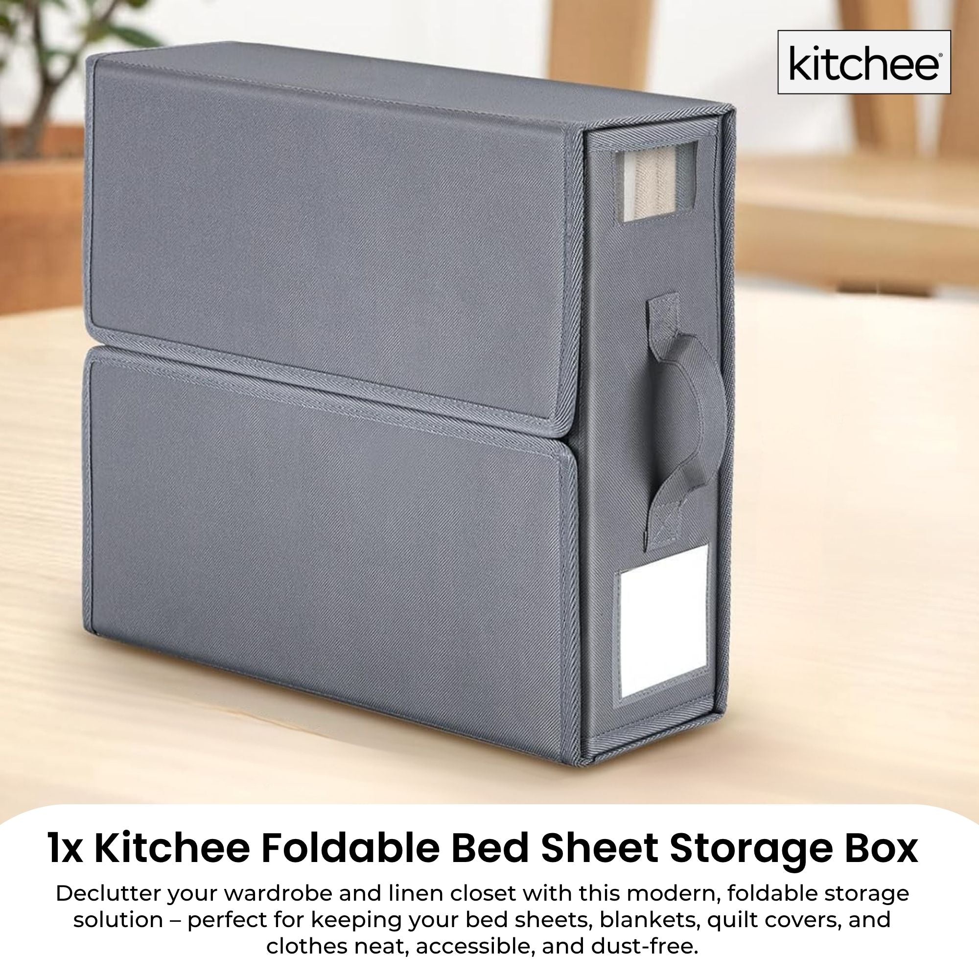 Grey foldable bed sheet storage box with clear viewing window and pull out handle for organization — view 2