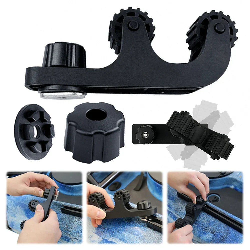 Black ABS kayak paddle holder rack with rubber rollers and threaded track mount bolts. — view 4