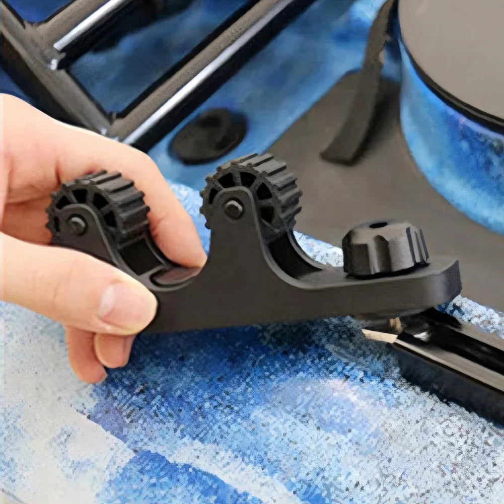 Black ABS kayak paddle holder rack with rubber rollers and threaded track mount bolts. — view 3