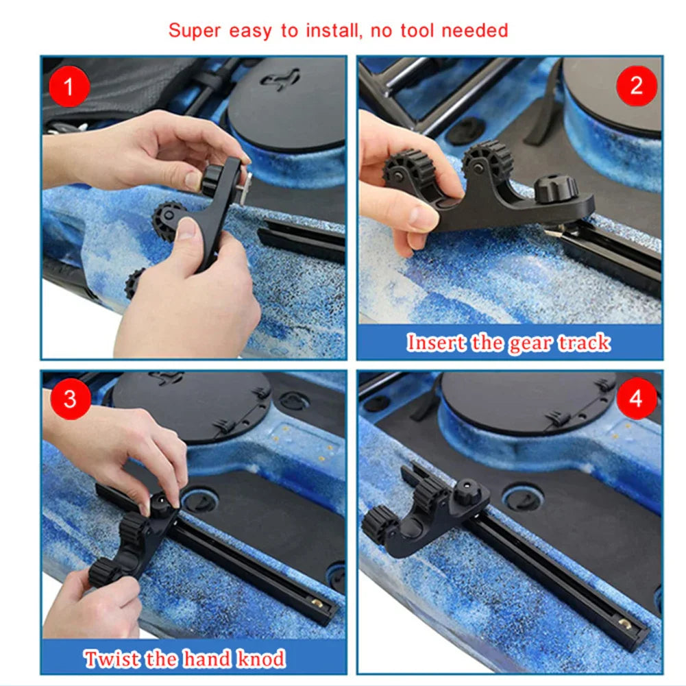 Black ABS kayak paddle holder rack with rubber rollers and threaded track mount bolts. — view 5