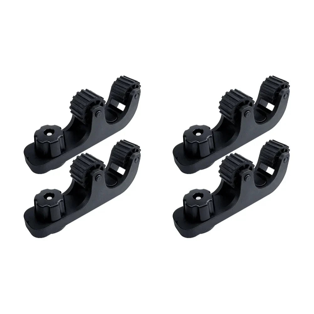 Black ABS kayak paddle holder rack with rubber rollers and threaded track mount bolts.