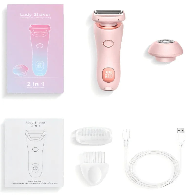 Pink 2-in-1 waterproof electric shaver for women with LCD display and stainless steel precision blades