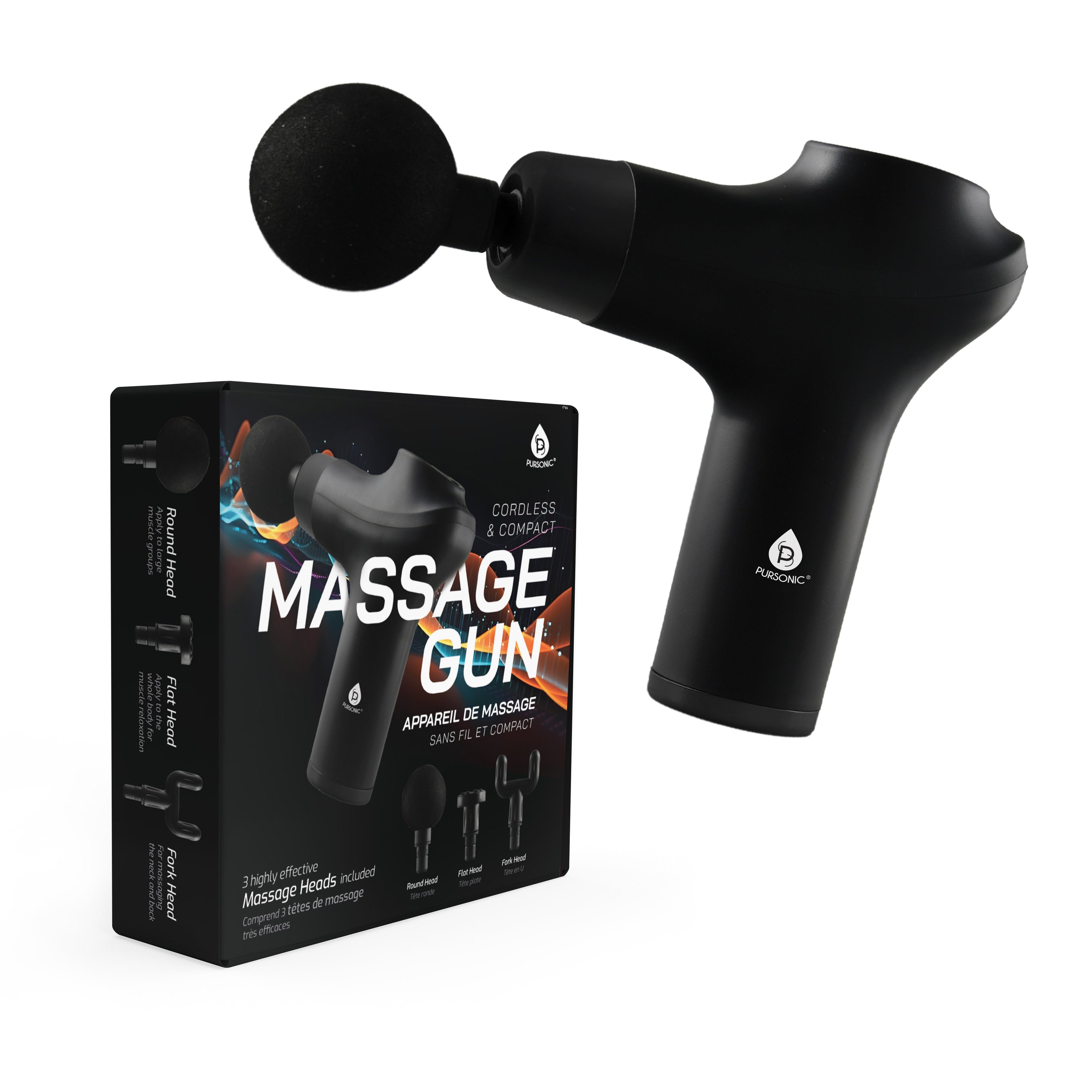 Pursonic cordless 3-speed massage gun with three interchangeable attachment heads for deep tissue muscle recovery