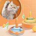 Interactive 2-in-1 electronic cat turntable toy in vibrant plastic with feather teaser attached