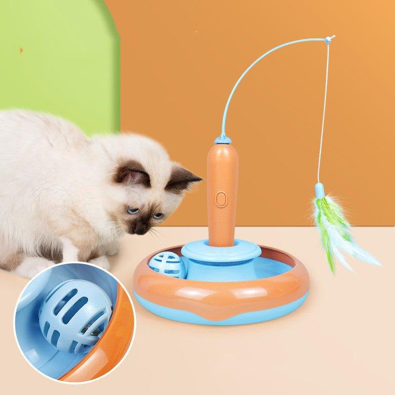 Interactive 2-in-1 electronic cat turntable toy in vibrant plastic with feather teaser attached — view 2
