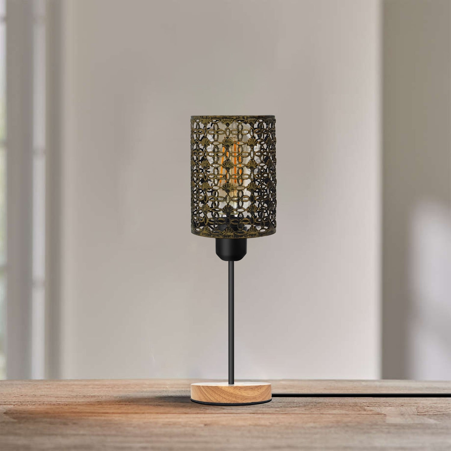 Industrial bedside table lamp with metal barrel cage, natural wooden base, and vintage Edison bulb — view 5