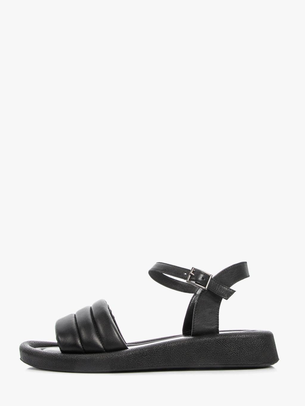 Women's genuine leather black sandals featuring a sleek minimalist design and durable synthetic fiber sole.