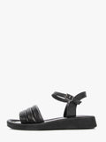Women's genuine leather black sandals featuring a sleek minimalist design and durable synthetic fiber sole.