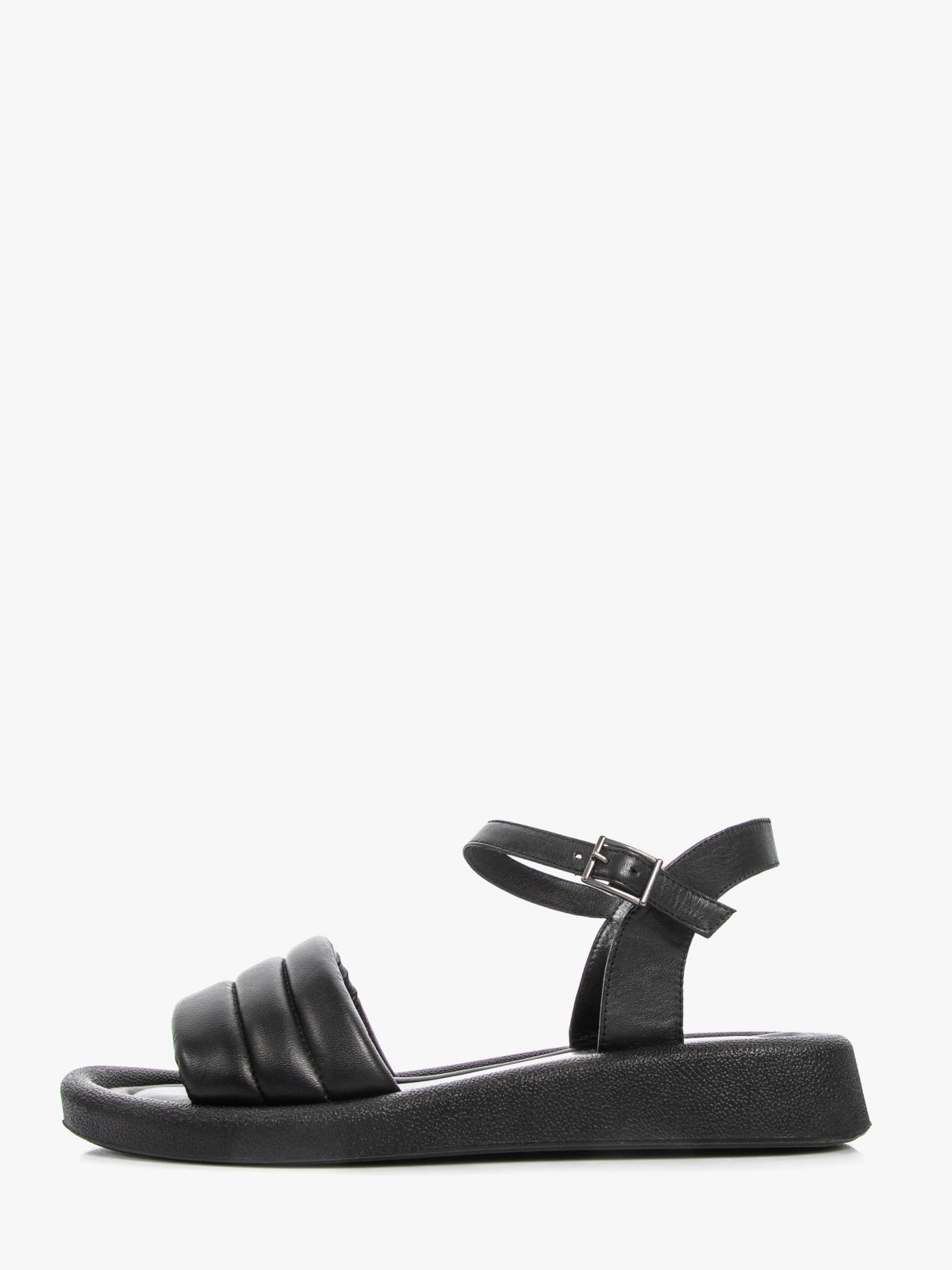 Women's genuine leather black sandals featuring a sleek minimalist design and durable synthetic fiber sole.