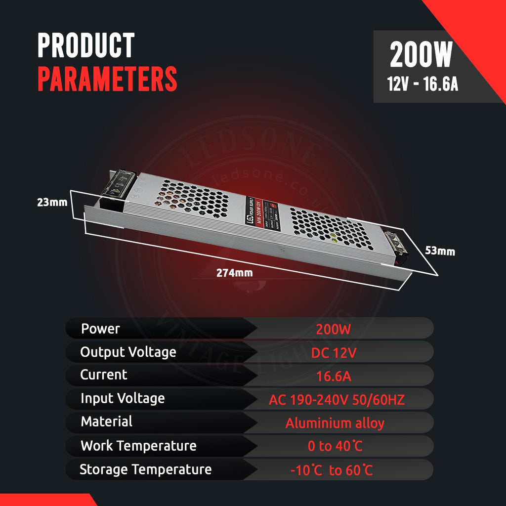 Ultra slim 12V 200W LED strip light transformer power supply with aluminium shell — view 2