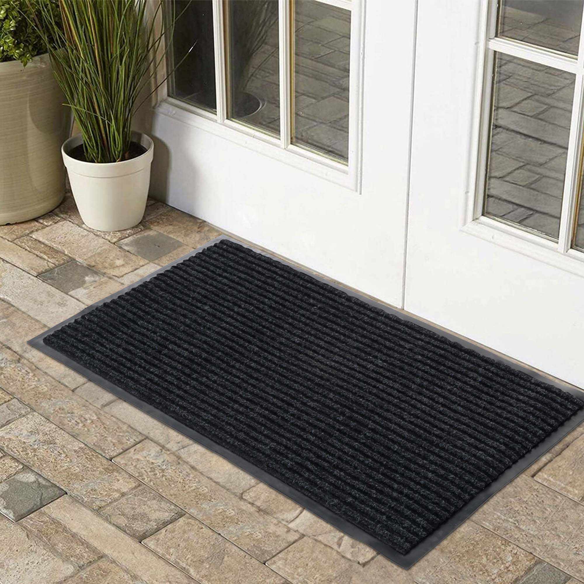 Basic black outdoor doormat, low profile polyester mat with rubber backing for porches and entryways