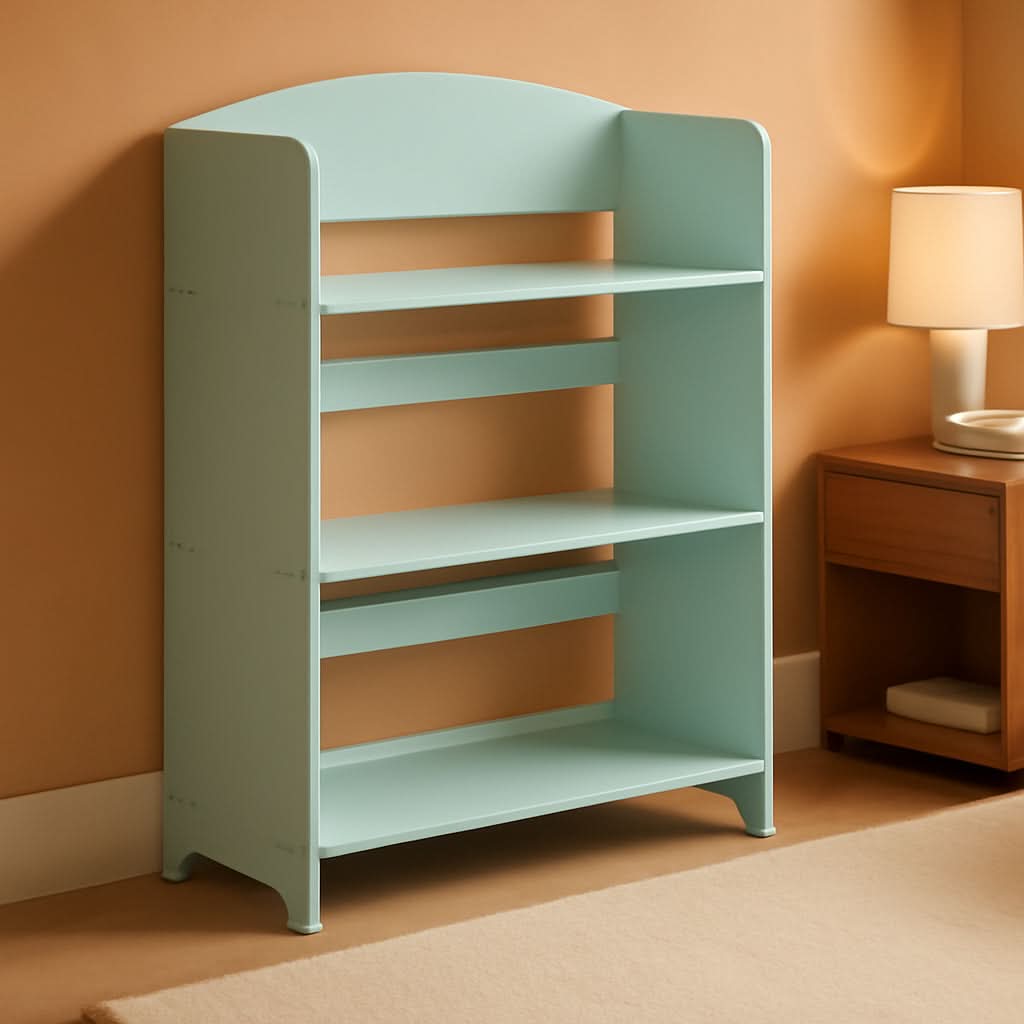 Mint green kids wooden bookshelf with three open tiers for playroom and nursery organization