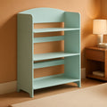 Mint green kids wooden bookshelf with three open tiers for playroom and nursery organization