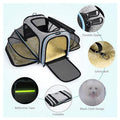 Black expandable soft-sided cat carrier with breathable mesh windows and safety reflective tape