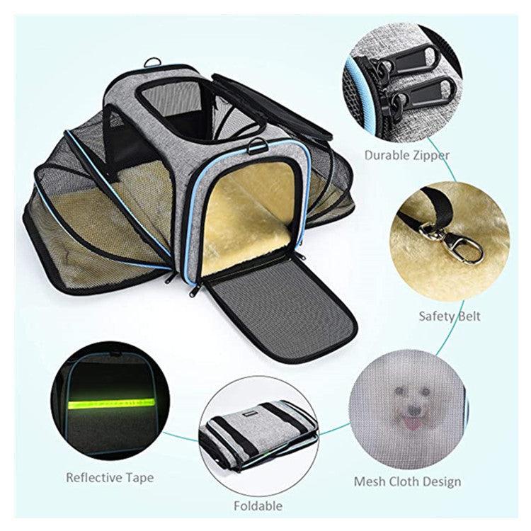 Black expandable soft-sided cat carrier with breathable mesh windows and safety reflective tape
