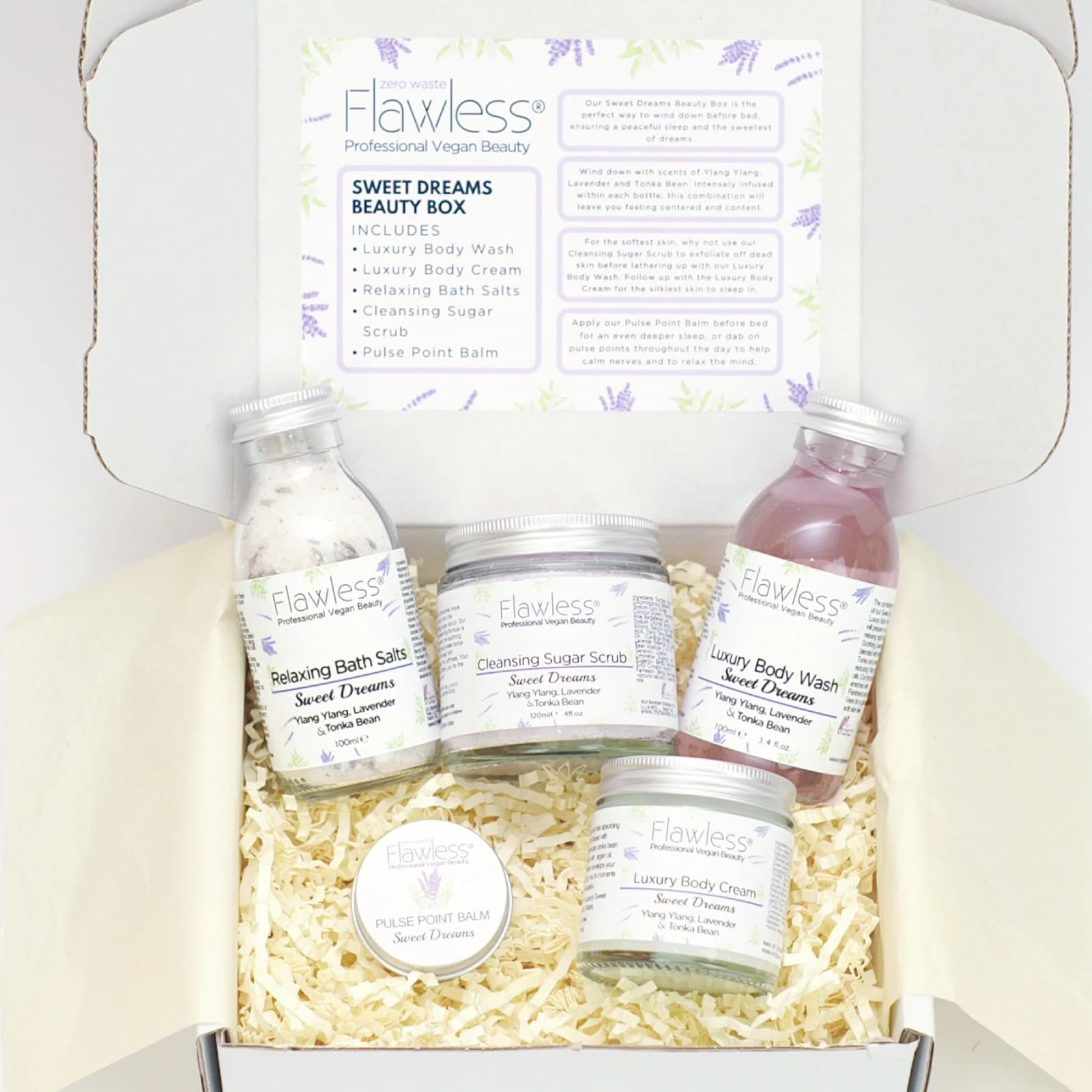 Sweet Dreams beauty gift set with five plastic-free lavender and tonka bean vegan skincare products