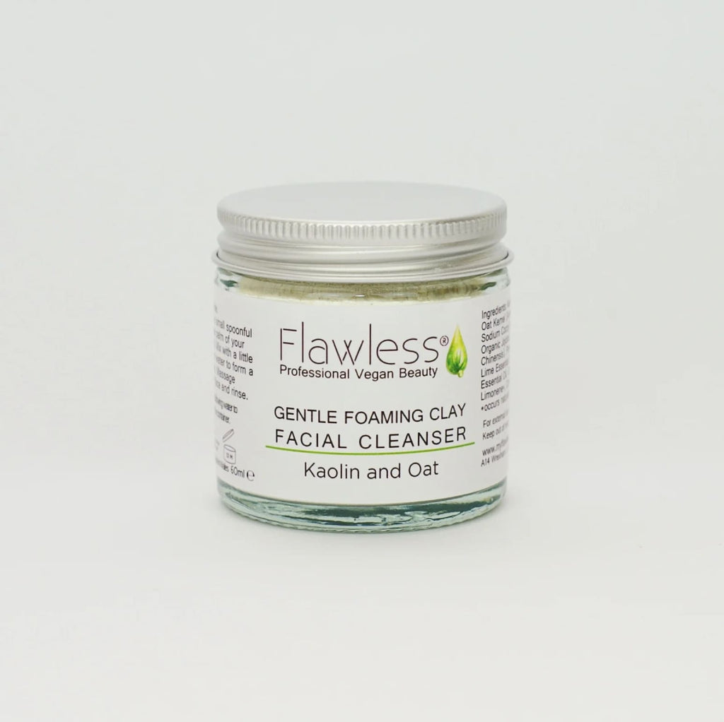 Kaolin and oat clay facial cleanser powder in a recycled glass jar with aluminium lid — view 4