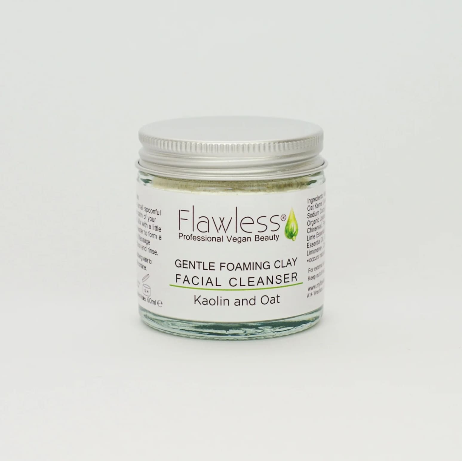 Kaolin and oat clay facial cleanser powder in a recycled glass jar with aluminium lid — view 4