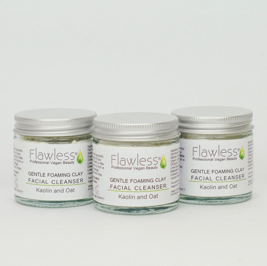 Kaolin and oat clay facial cleanser powder in a recycled glass jar with aluminium lid — view 3