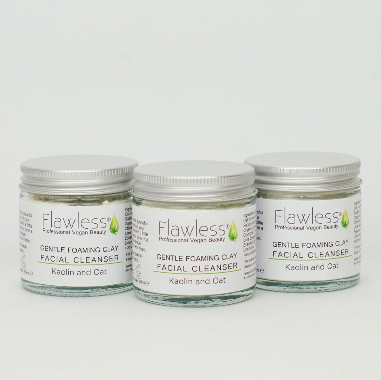 Kaolin and oat clay facial cleanser powder in a recycled glass jar with aluminium lid — view 3