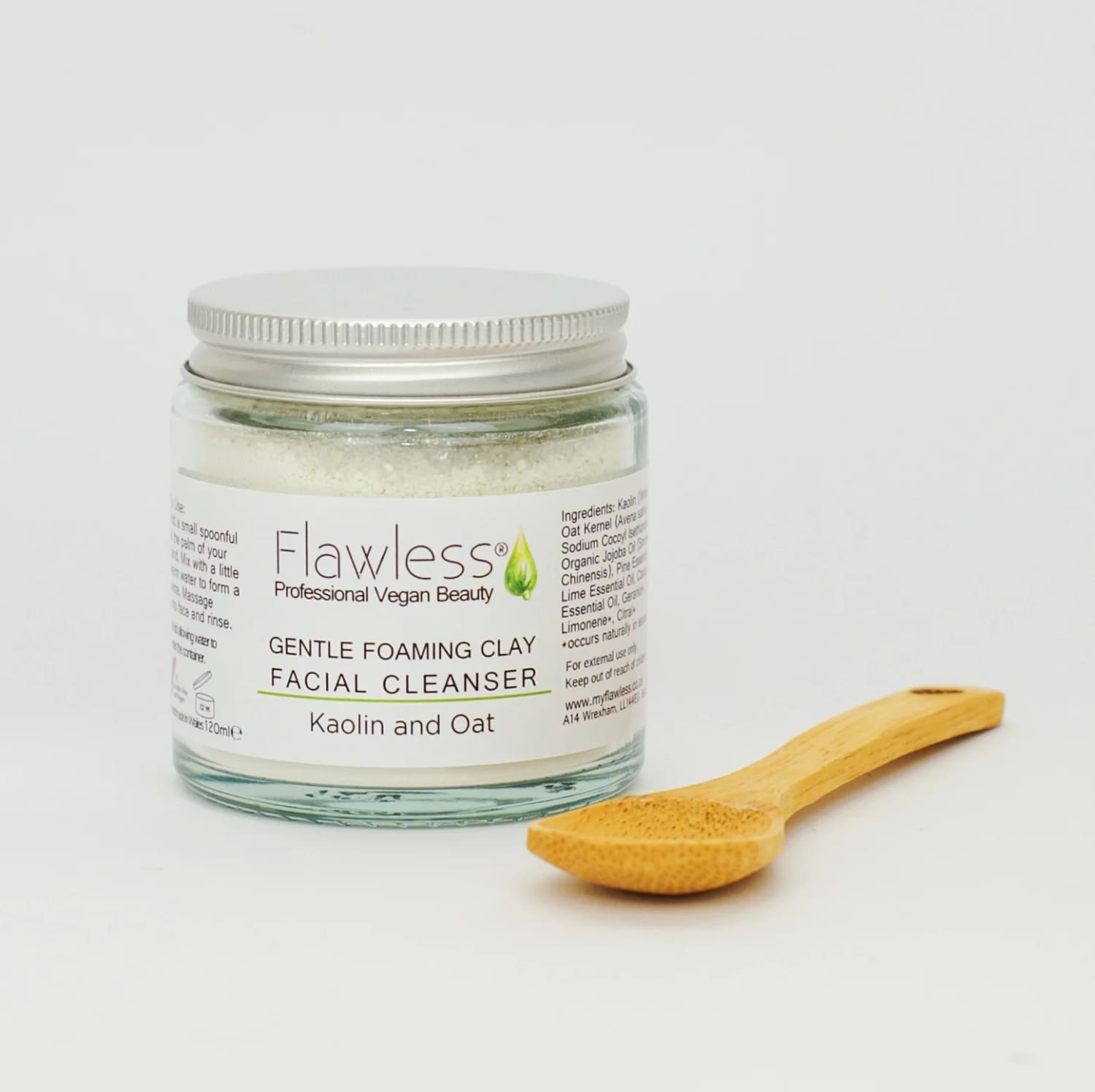 Kaolin and oat clay facial cleanser powder in a recycled glass jar with aluminium lid — view 2