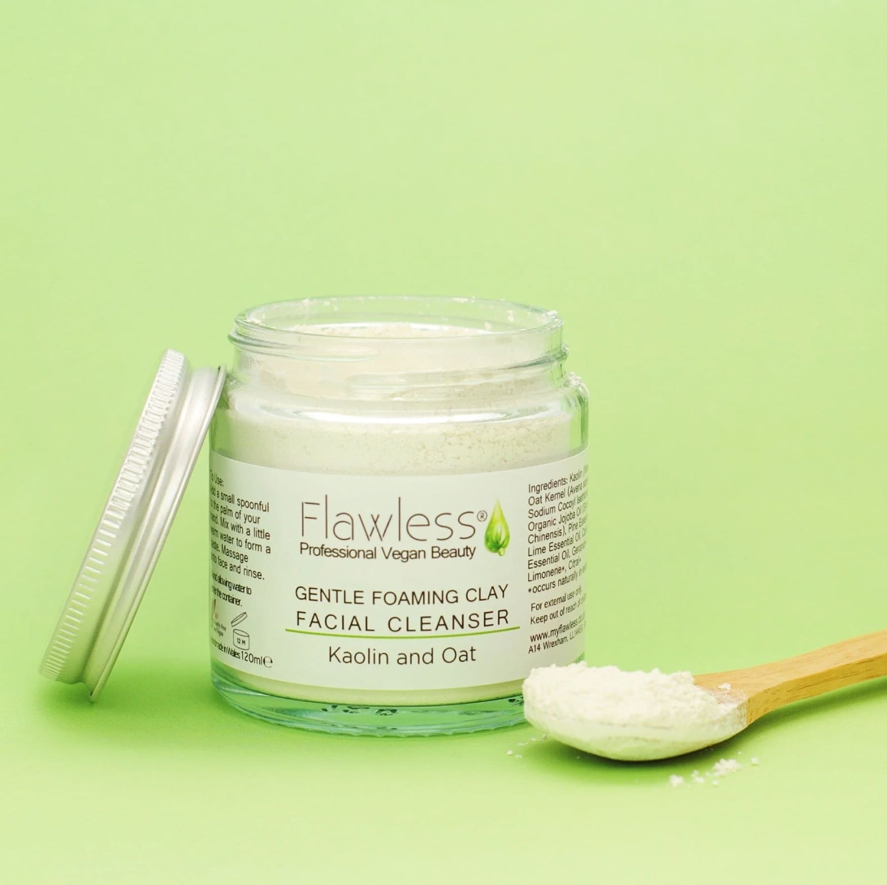 Kaolin and oat clay facial cleanser powder in a recycled glass jar with aluminium lid