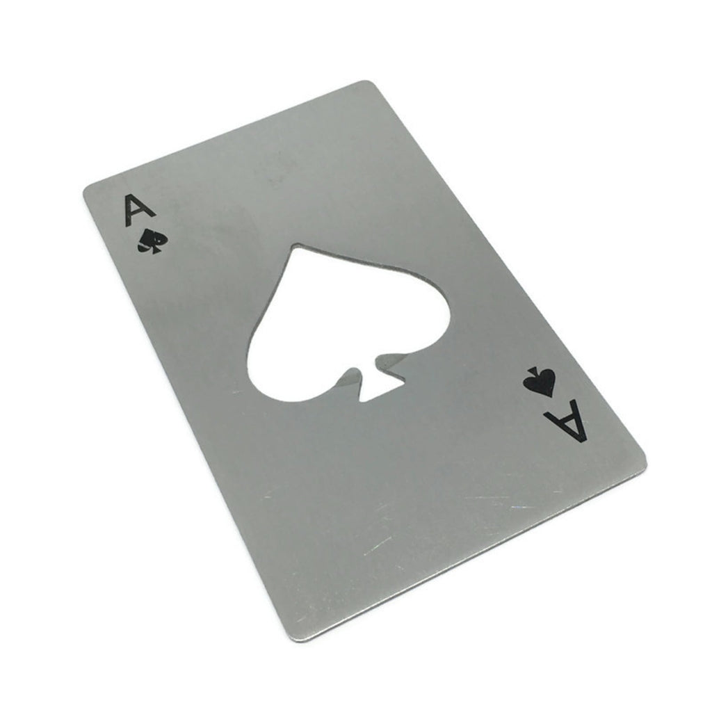 Stainless steel Ace of Spades credit card sized bottle opener fitting perfectly in a wallet — view 4