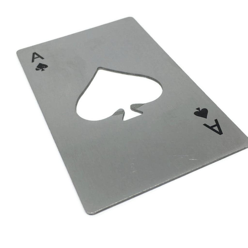 Stainless steel Ace of Spades credit card sized bottle opener fitting perfectly in a wallet